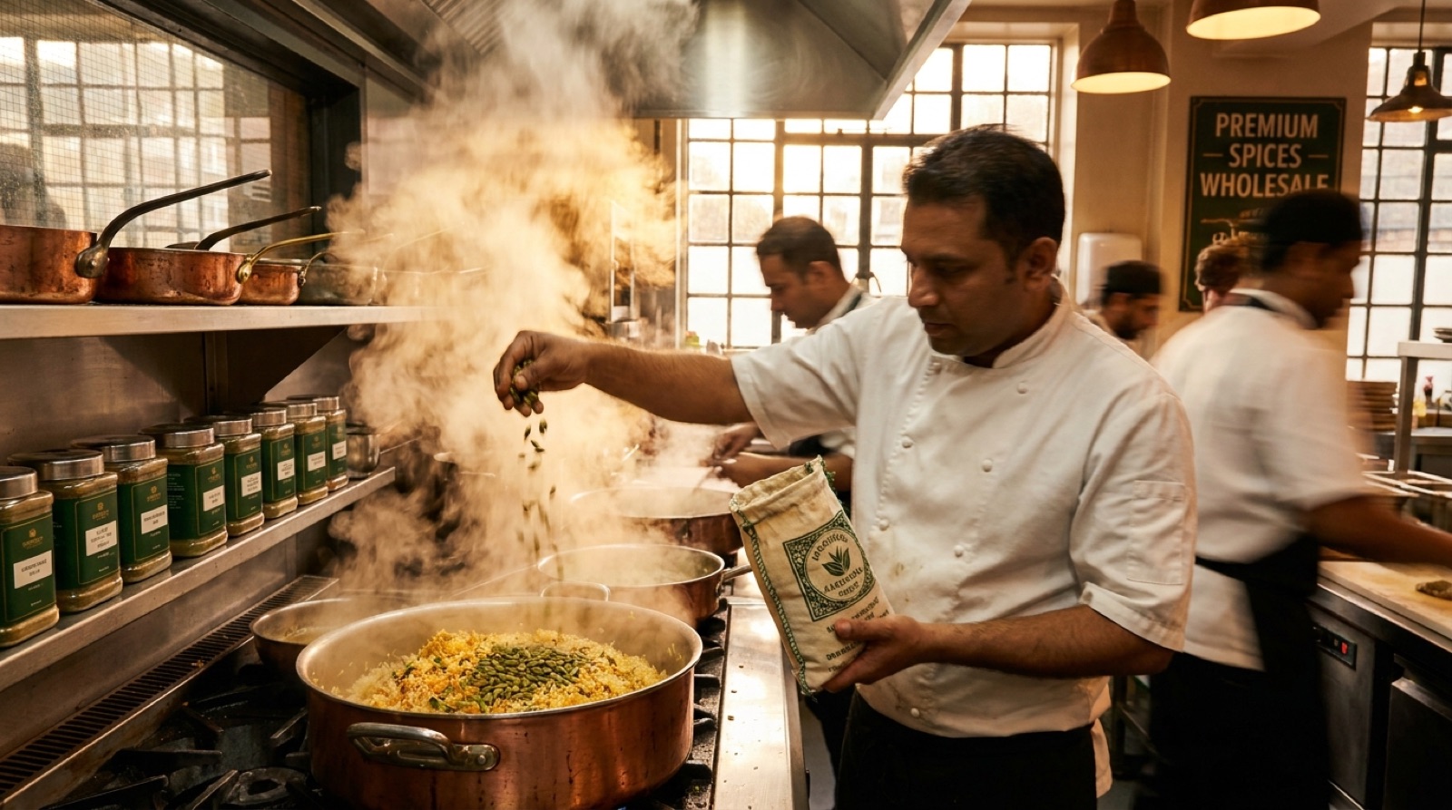 Chef cooking with green cardamom in a UK restaurant kitchen